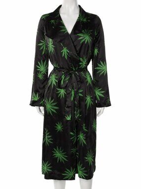 WE ARE LEONE | Black Cannabis Leaf 100% Silk Belted Kimono Robe Duster S/M